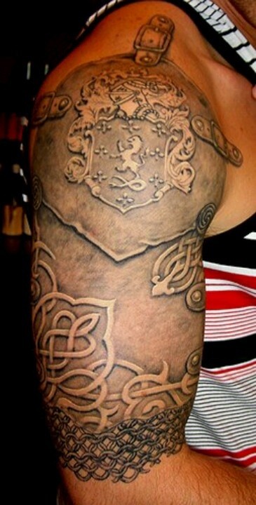 Cool idea of family crest tattoo on half sleeve