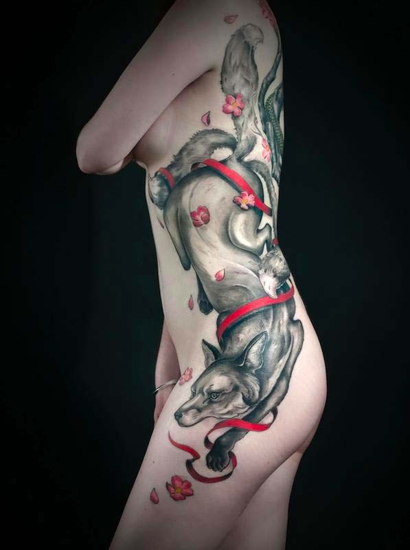 Cool idea of fox tattoo by Shawn Hebrank