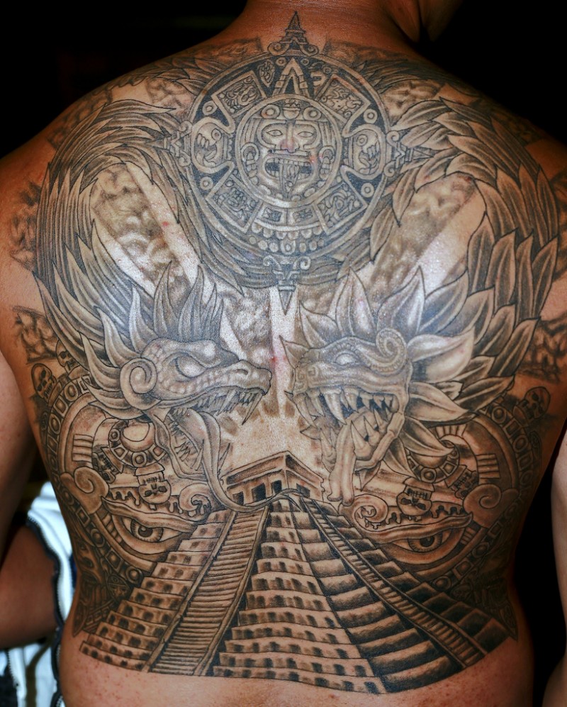Cool idea of great pyramid and gods of aztecs tattoo on whole back