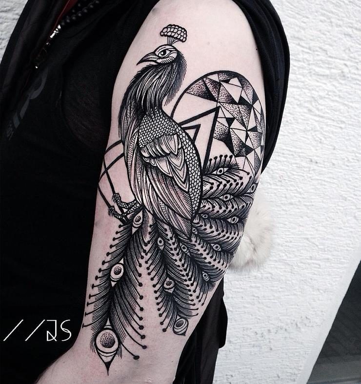 Cool illustrative style black ink shoulder tattoo of big peacock