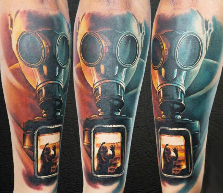 Cool illustrative style colored forearm tattoo of man in gas mask