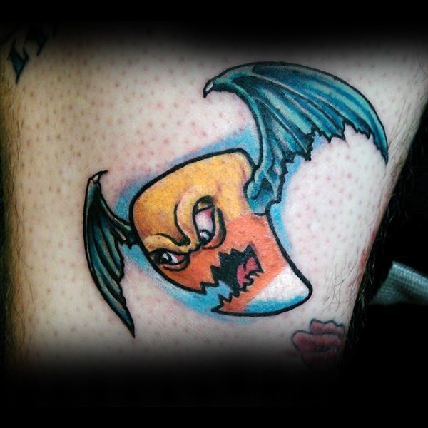Cool illustrative style colored thigh tattoo of funny monster bat