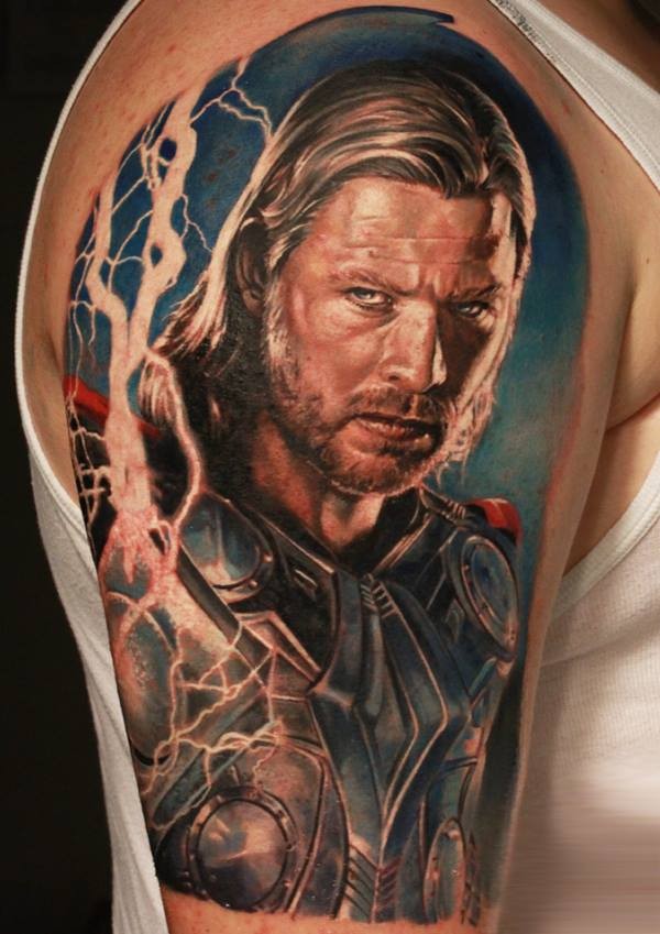 Cool illustrative style shoulder tattoo of Thor God