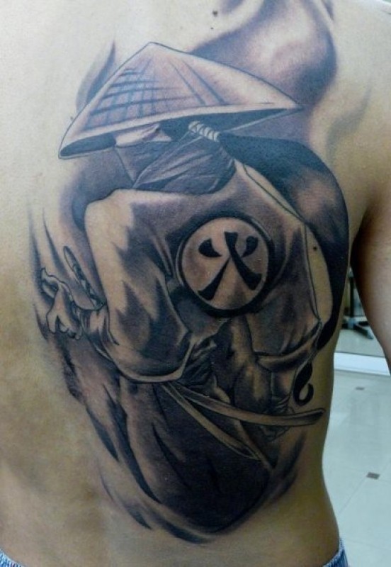 Cool large chinese tattoo with symbol black ink