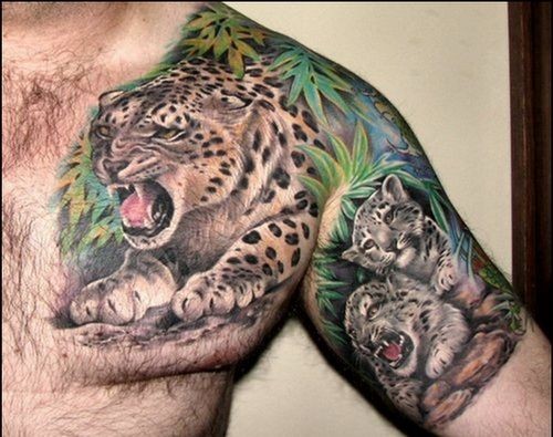 Cool leopard animal tattoo on shoulder and arm
