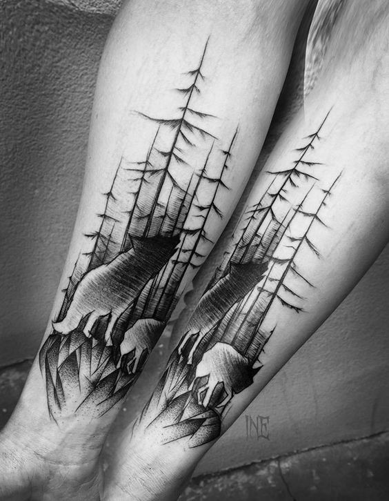 Le style cool du linework peint par Inez Janiak avant-bras tatouage de loups dans la forêt