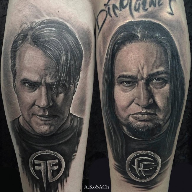 Cool looking black and white forearms tattoo of man portraits with lettering