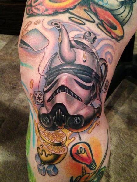 Cool looking cartoon style colored leg tattoo of storm troopers helmet shaped teapot