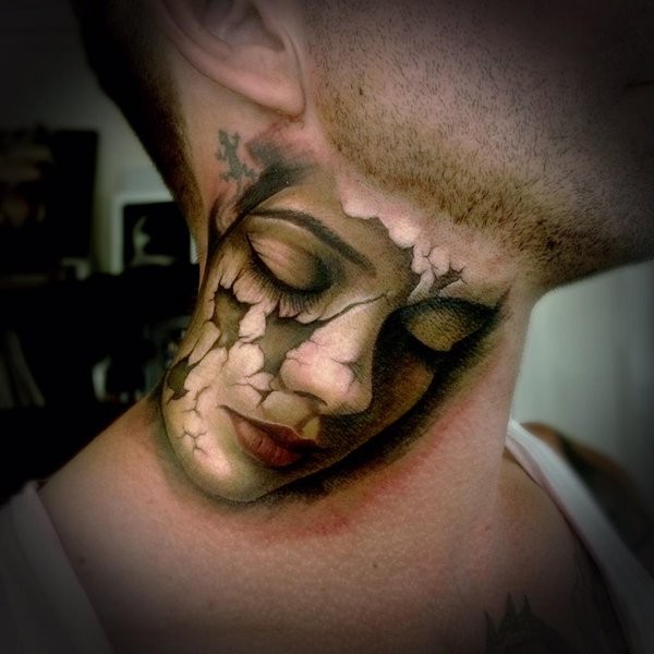 Cool looking colored neck tattoo of woman face