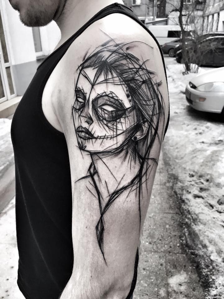 Cool Mexican traditional black ink painted by Inez Janiak tattoo of woman with mask