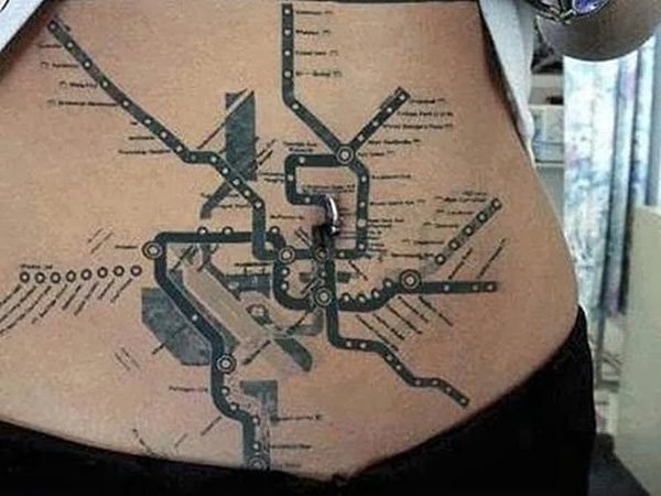 Cool multicolored city city metro scheme tattoo on belly