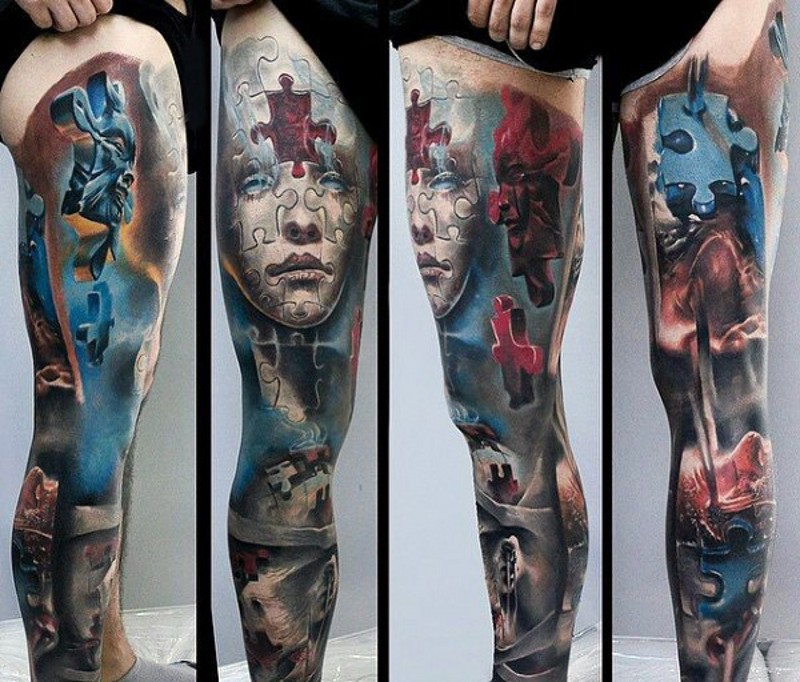 fresco bello  multicolore puzzle ritratto donna tatuaggio su tutta gamba