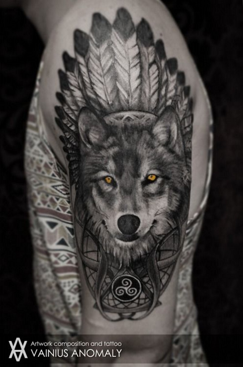 Cool native american style wolf with yellow eyes tatoo on shoulder