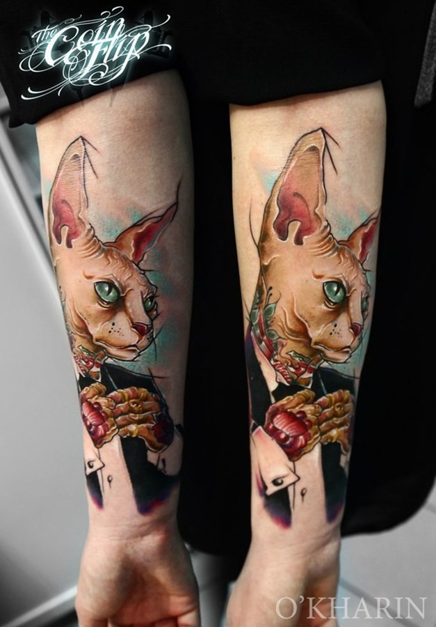 Cool natural looking man like cat tattoo on forearm