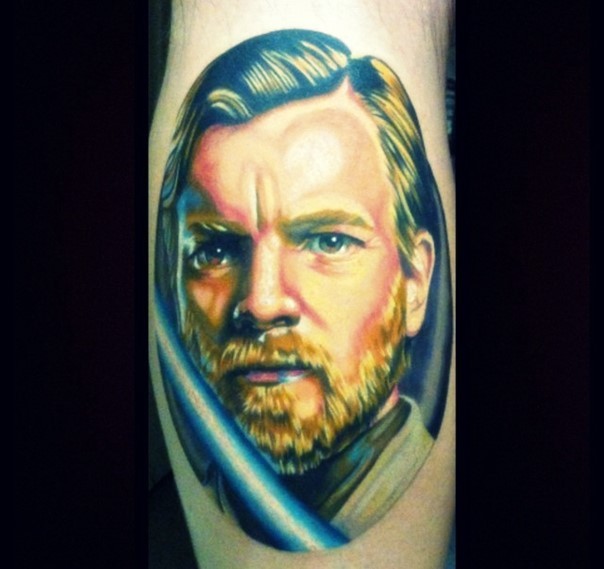 Cool natural looking young Obi Wan Kenobi portrait tattoo