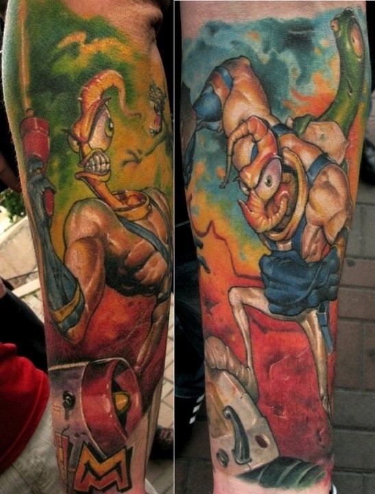 Cool old Earthworm Jim cartoon hero tattoo on forearm