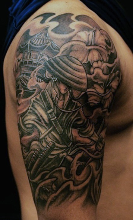 Cool old school colored Asian samurai warrior tattoo on shoulder with flower and old house