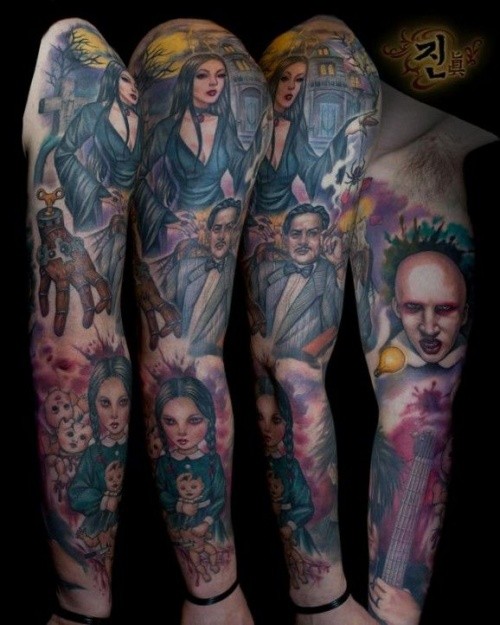 Cool old school style colored various films heroes tattoo on sleeve