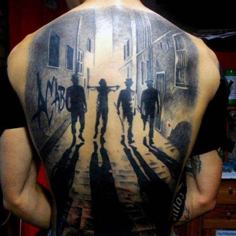 Cool painted black and white thugs in night city tattoo on whole back