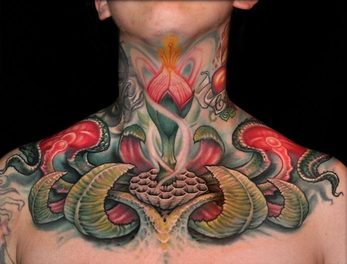 Cool painted flower fantasy throat tattoo