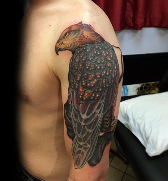 Cool painted multicolored steady eagle shoulder tattoo