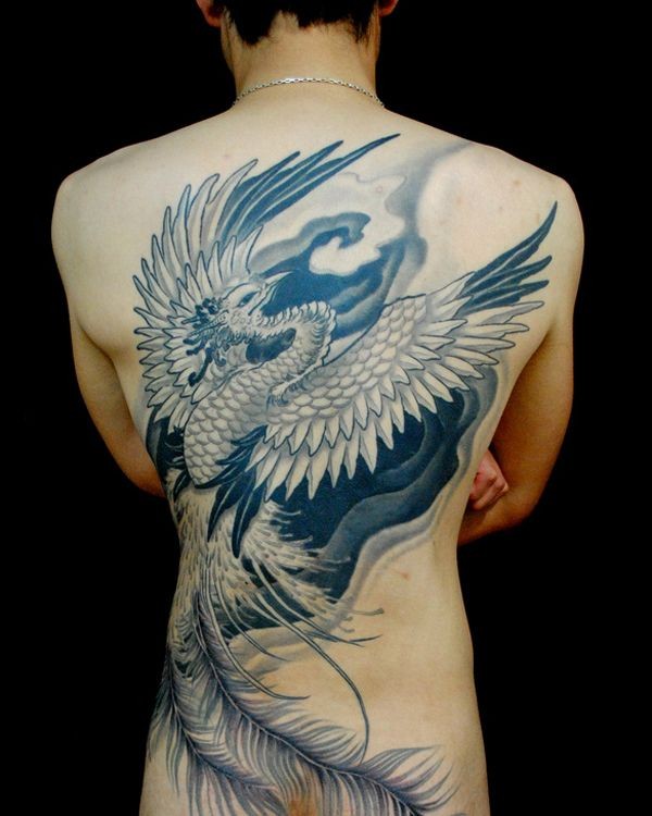 Cool phoenix tattoo on whole back for men