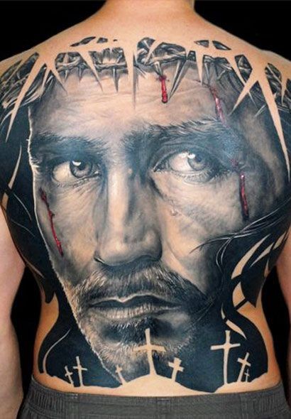 ritratto fresco di gesu" in corona di spine tatuaggio pieno di schiena