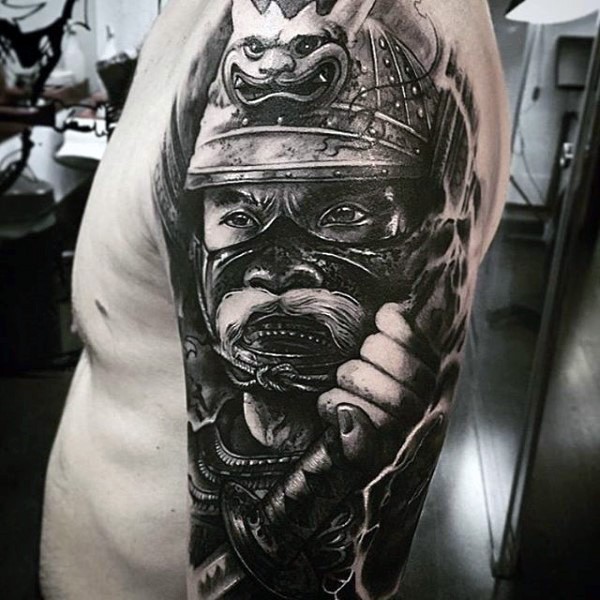 Cool realism style colored shoulder tattoo of samurai warrior portrait