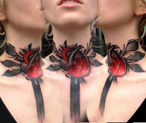 Cool red heart with black leaves tattoo on neck by Francesco Mugnai