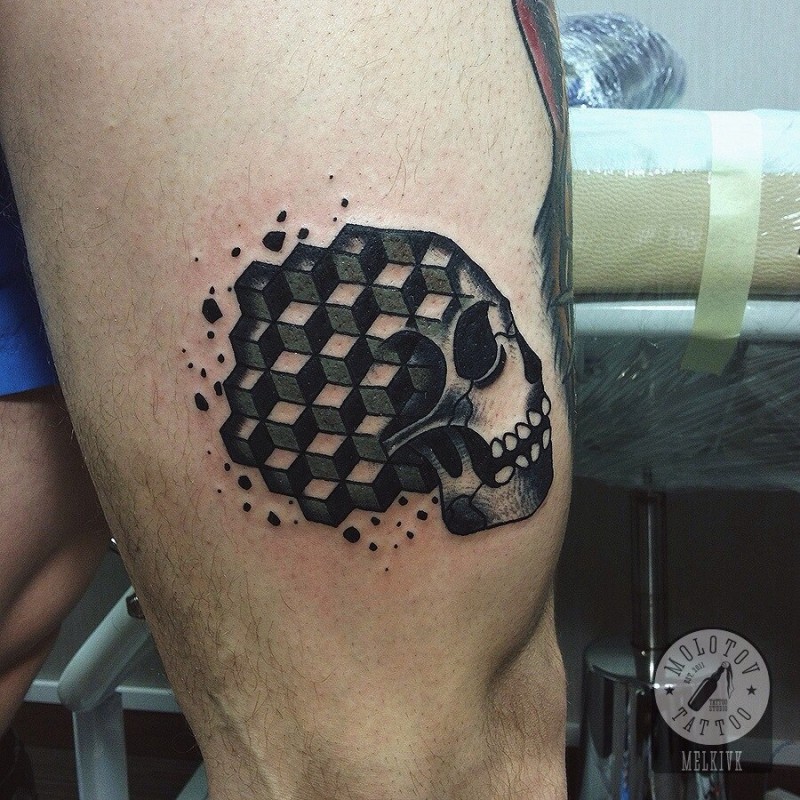 Cool style combined black ink skull with geometrical figures tattoo on thigh