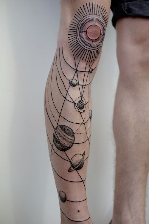 Cool sun with planets tattoo on leg