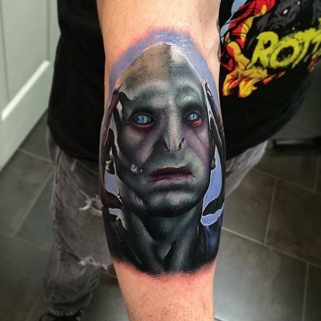 Cool very detailed Harry Potter themed colored on forearm tattoo