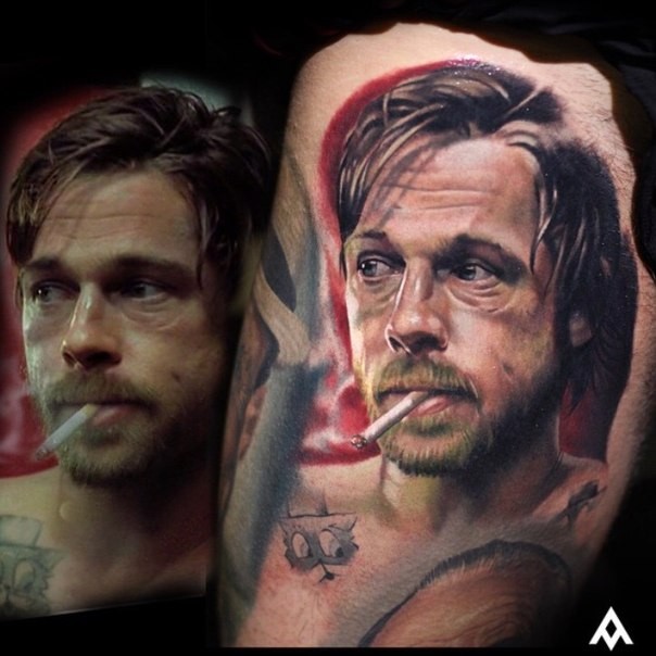 Cool very detailed old Bred Pitt movie hero portrait tattoo