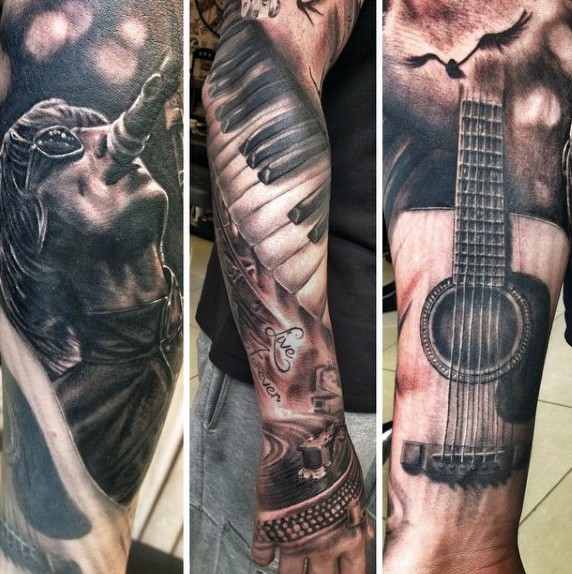 Cool very realistic looking vintage music themed tattoo on sleeve