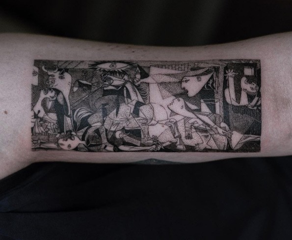 Creative and strange looking black ink arm tattoo of strange picture