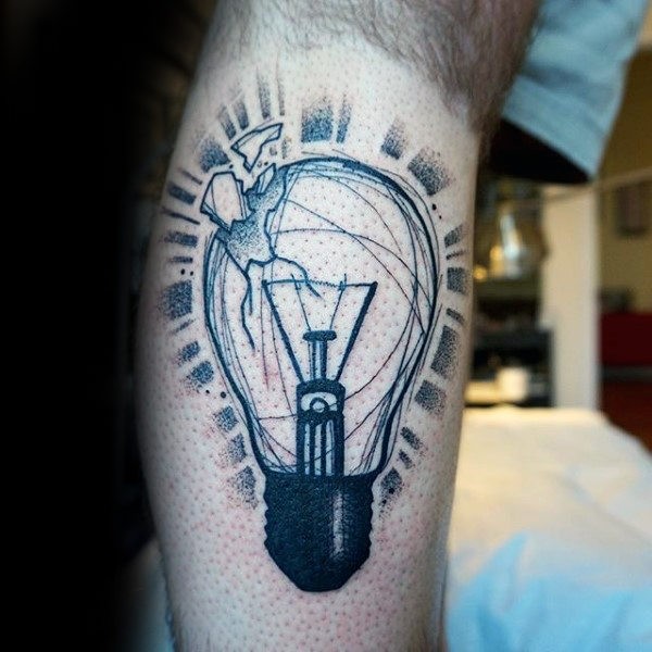 Creative designed dotwork style leg tattoo of broken bulb
