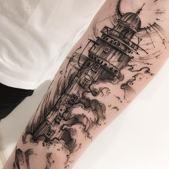 Creative linework style black ink forearm tattoo of lighthouse with big wave