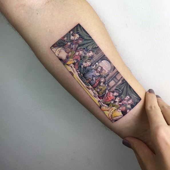 Creative painted colored forearm tattoo of religious picture