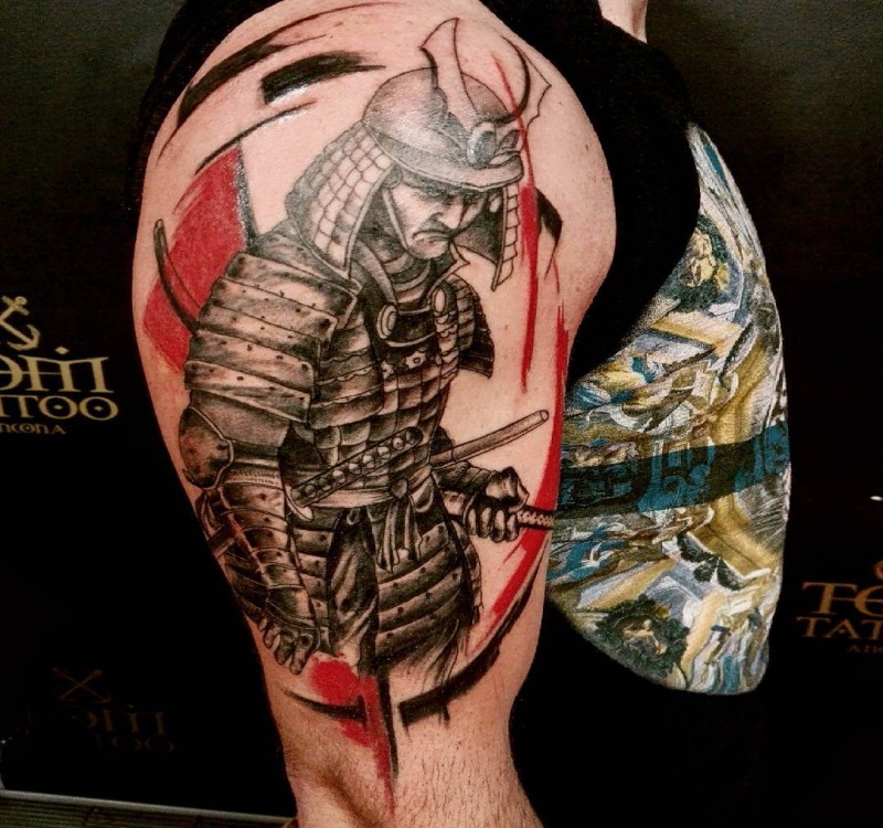 Creative style colored upper arm tattoo of samurai soldier