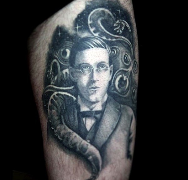 Creepy black and white mysterious man portrait tattoo on thigh