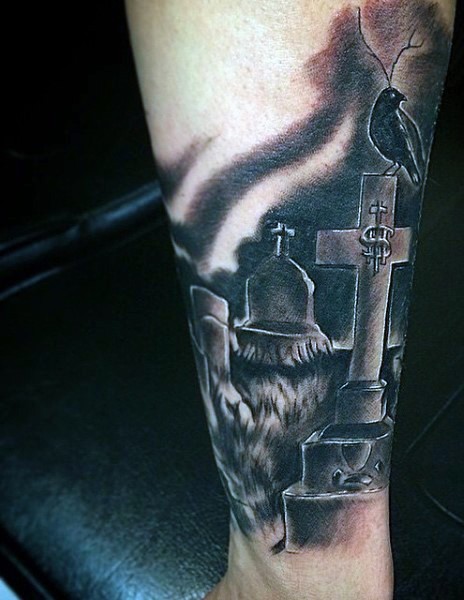 Creepy black ink forearm tattoo dark cemetery with crow