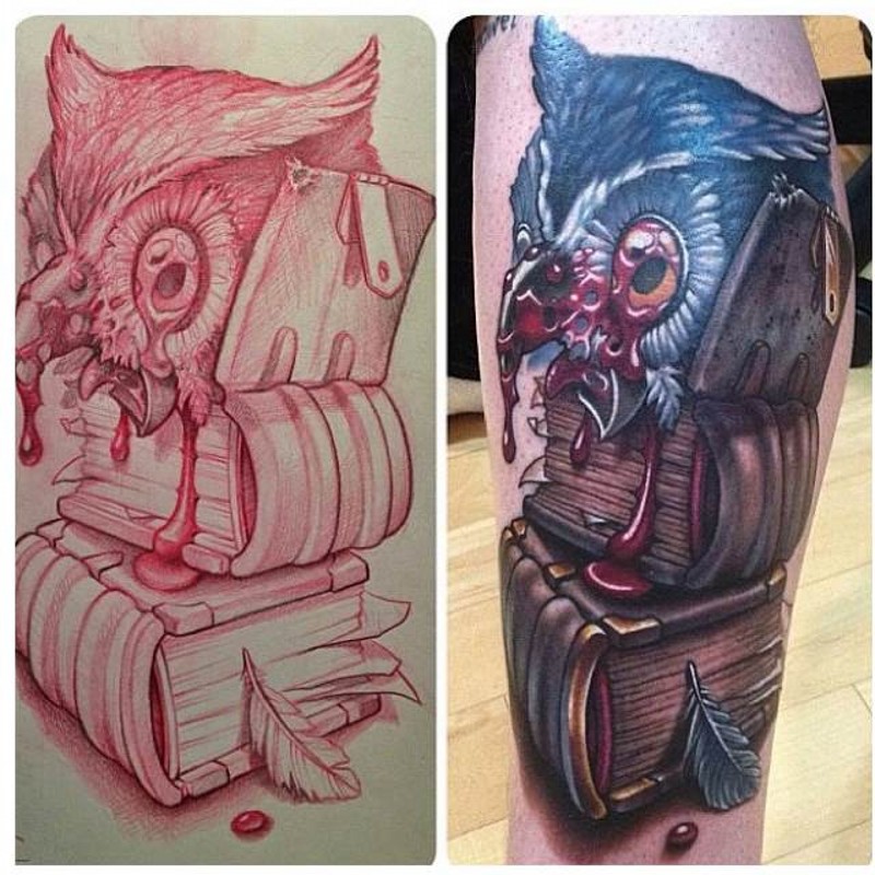 Creepy bloody owl&quots head on thick books colored tattoo with bloody drops and feather on calf