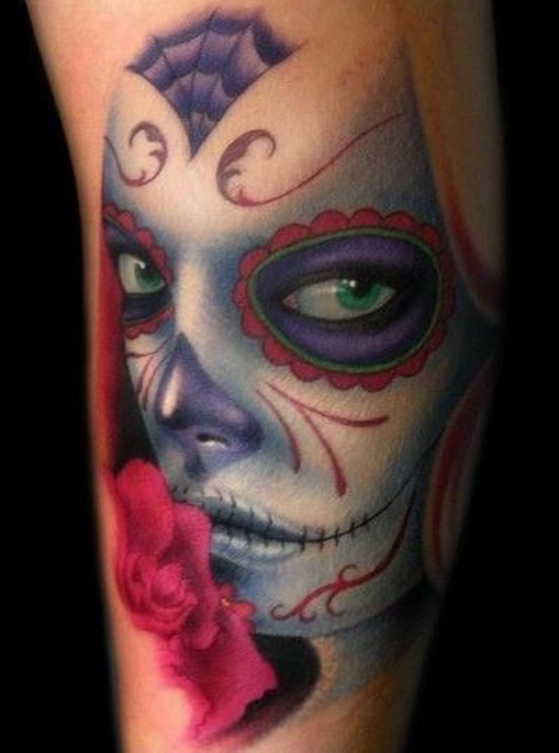 Creepy day of the dead girl with green eyes tattoo