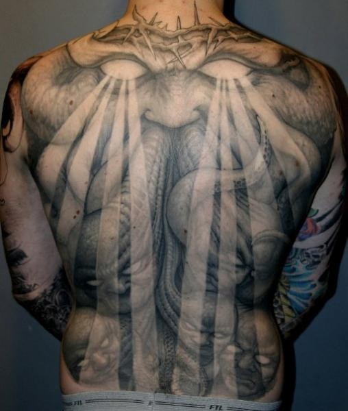 Creepy designed black and white whole back tattoo on various monsters
