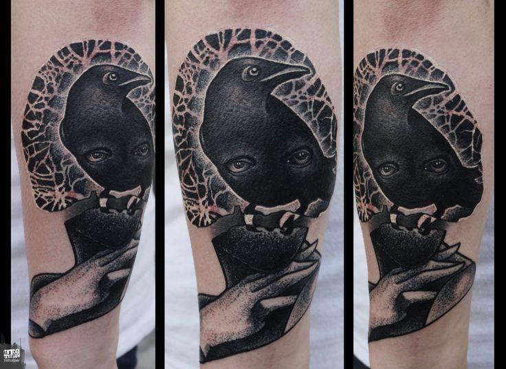 Creepy engraving style black ink forearm tattoo of crow stylized with human eyes