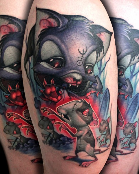 Creepy horror like colorful evil cat tattoo with tiny mice