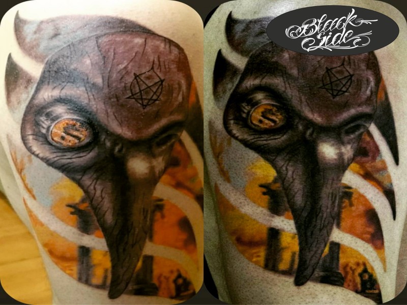 Creepy horror style tattoo of plague doctors mask with demonic symbol