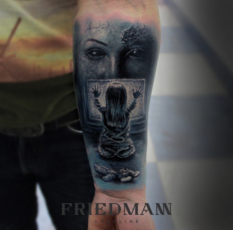 Creepy looking colored forearm tattoo of little girl with woman eyes