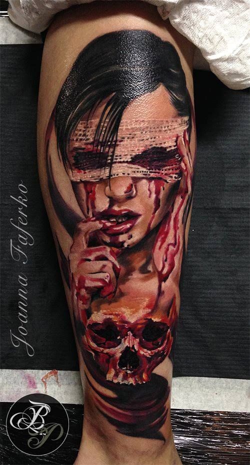 Creepy looking colored horror style tattoo of bloody woman with mask