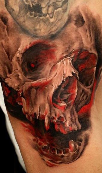 Creepy looking colored realism style shoulder tattoo of corrupted human skull